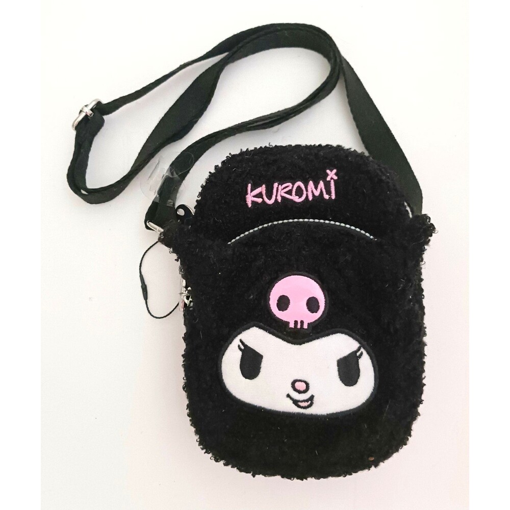 NEW Kuromi X Primark Sanrio Blk Fluffy Crossbody Phone Pouch Bag 8X6 Adj Strap